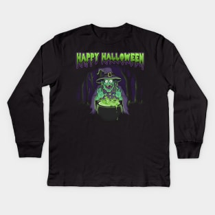 Scary Witch Happy Halloween Cauldron Potion Kids Long Sleeve T-Shirt